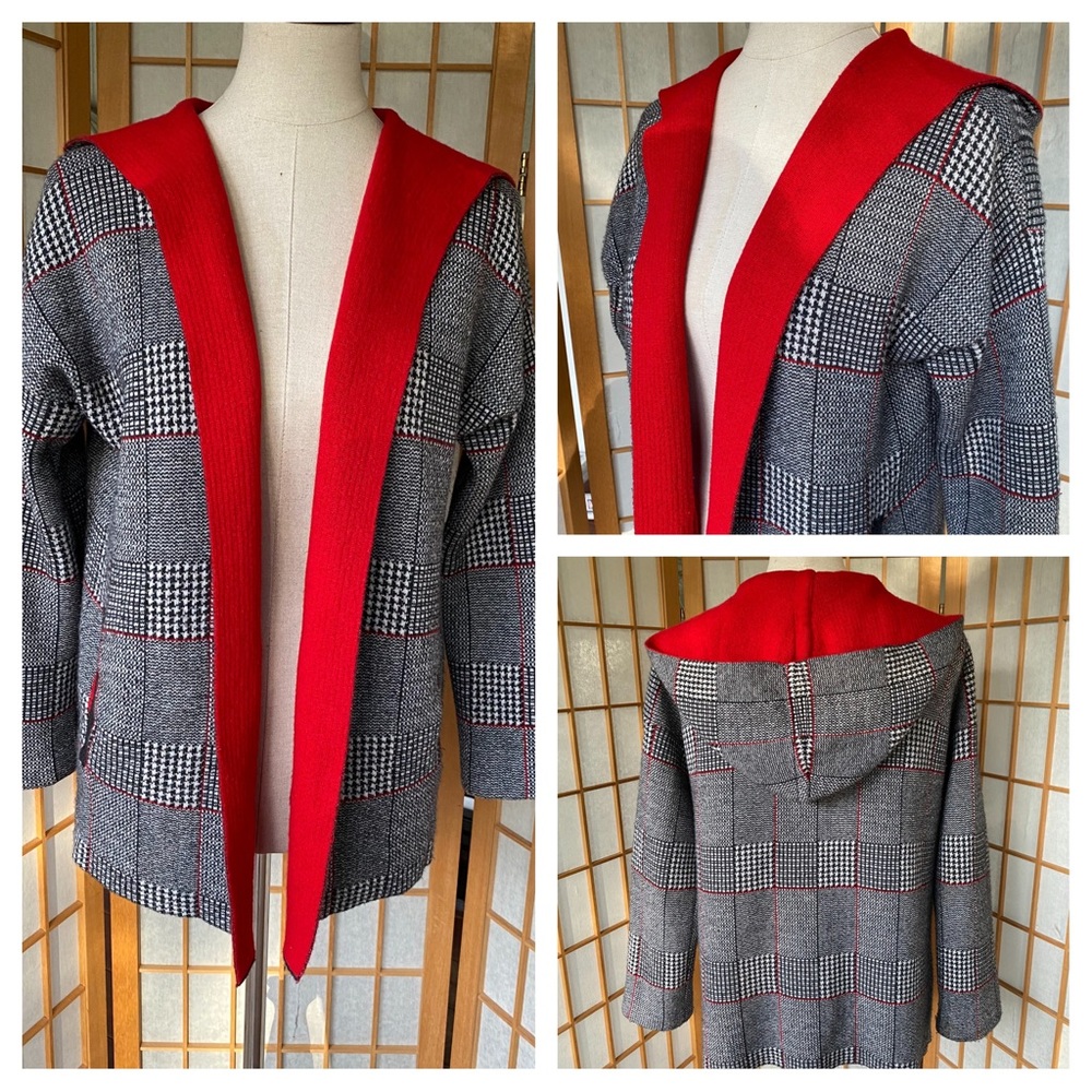 Bartolini Plaid Wool/Cashmere Blend Open Hooded Cardigan Sweater SZ S